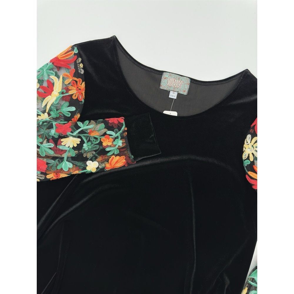 SILVERADO Western Velvet Embroidered Sleeves Black Floral Dress Size Small‎ USA